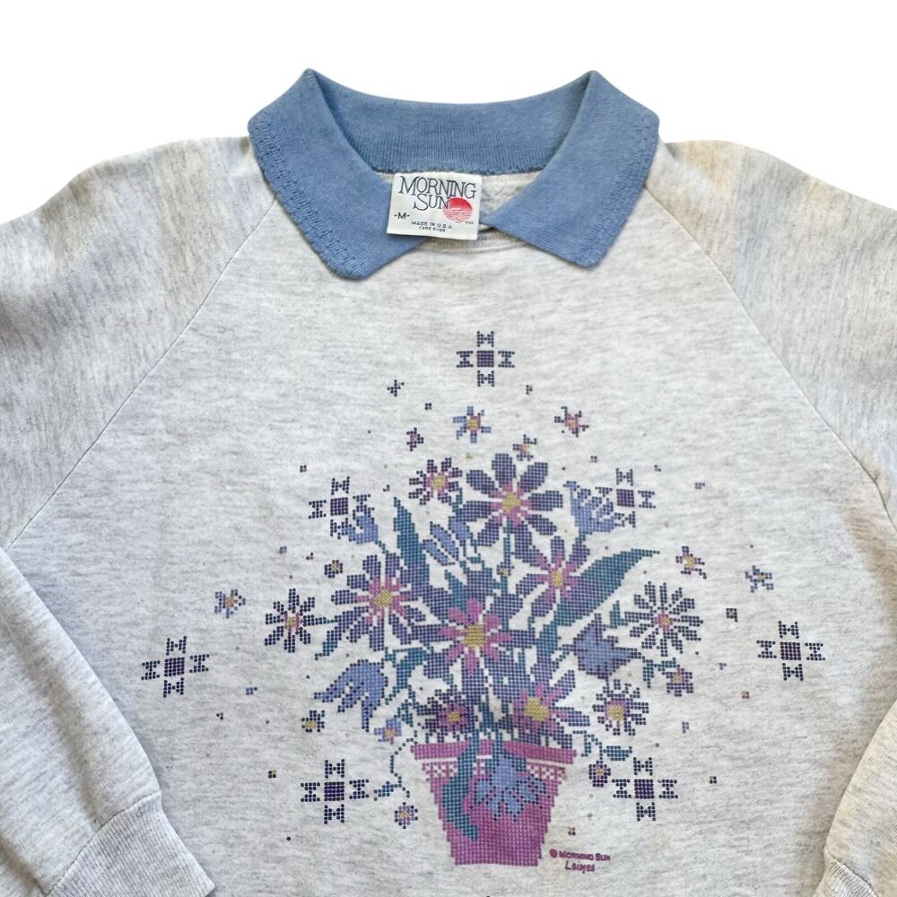 Vtg 1990s Morning Sun Grandmacore Collared Flower Pot Sweatshirt Size Medium